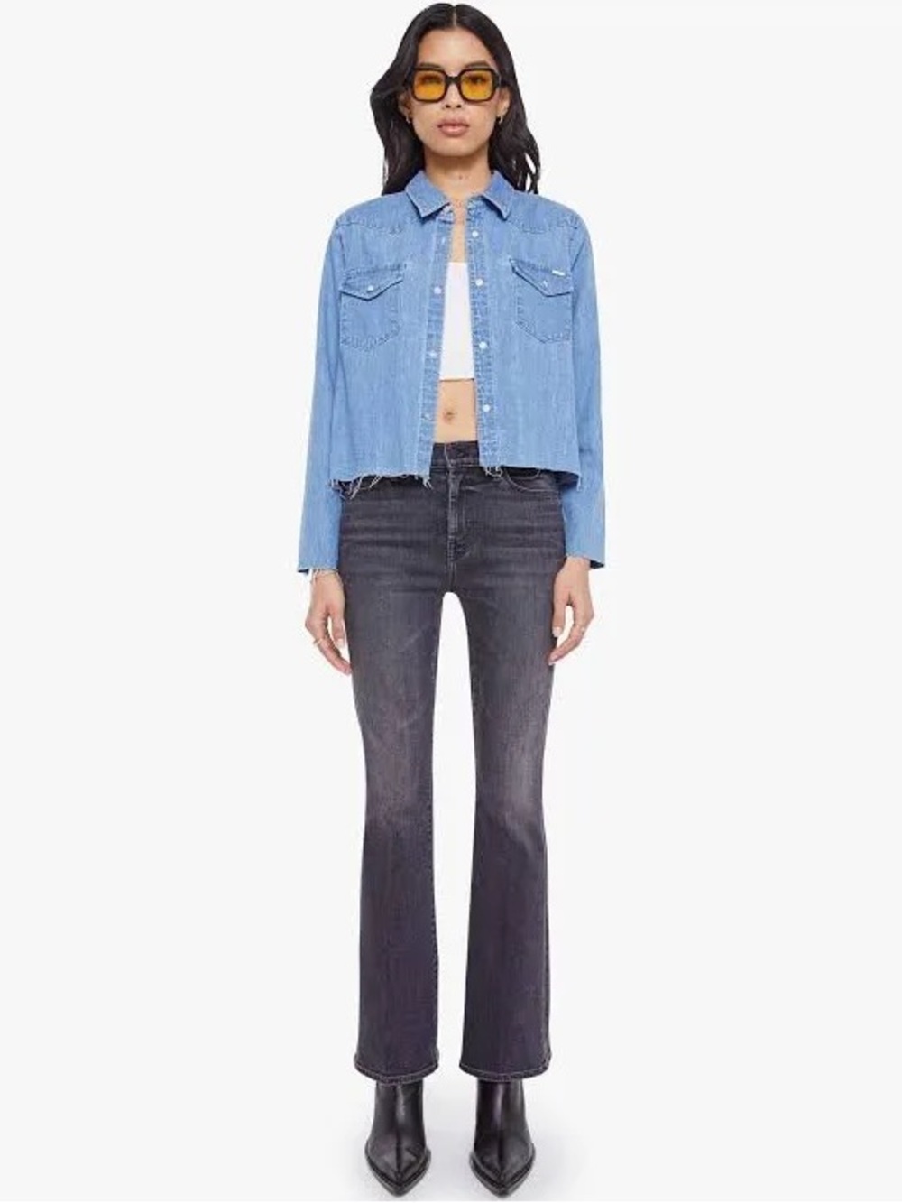 The Super Exes Frayed Step Hem Crop Snap-Up Denim Shirt - Sz L ✨NWT✨